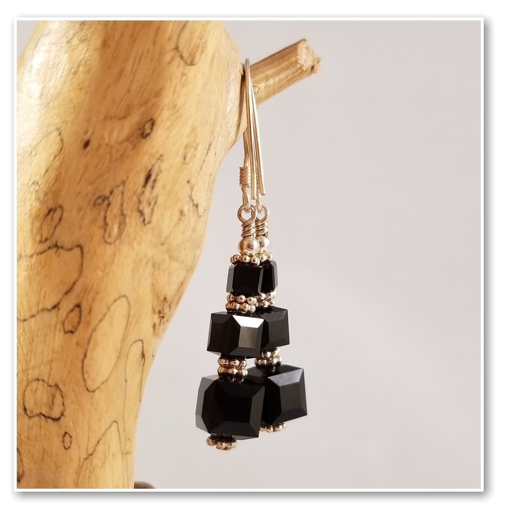 Black Square Swarovski & Sterling Silver Earrings - Picture 4 of 9